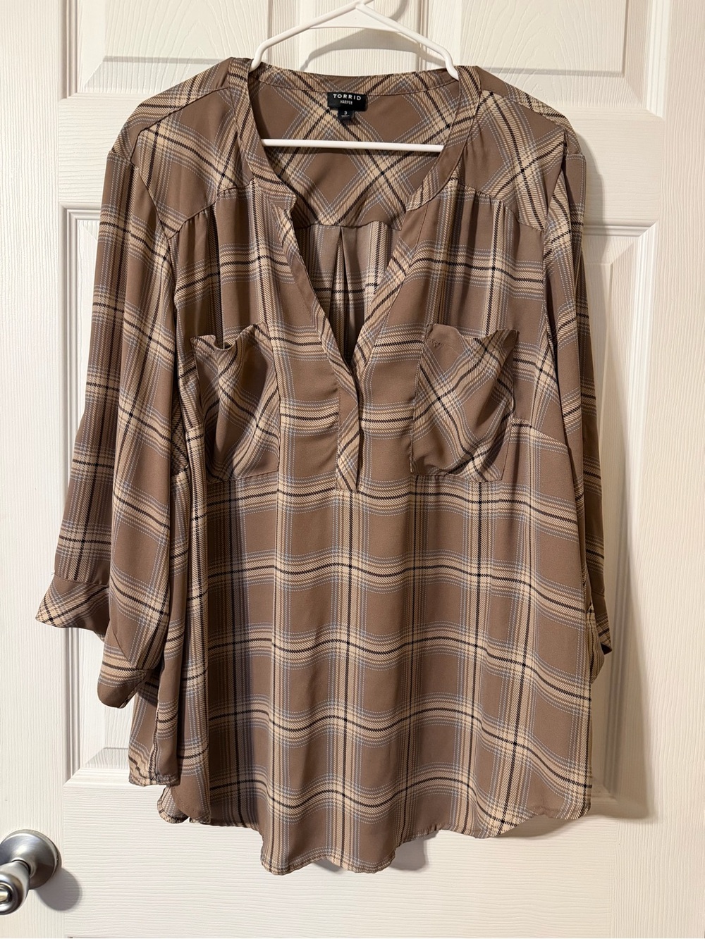 Torrid Harper Blouse Taupe Plaid Size 3x